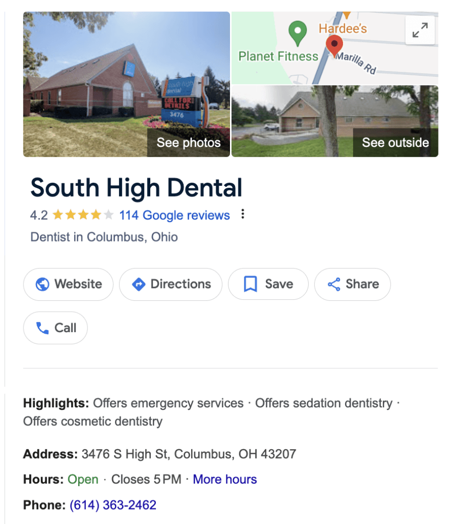 oogle Business Profile for South High Dental, a Columbus, OH family dentist.